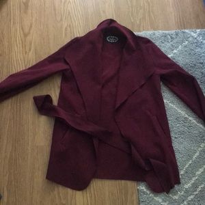 Maroon jacket with tie-belt